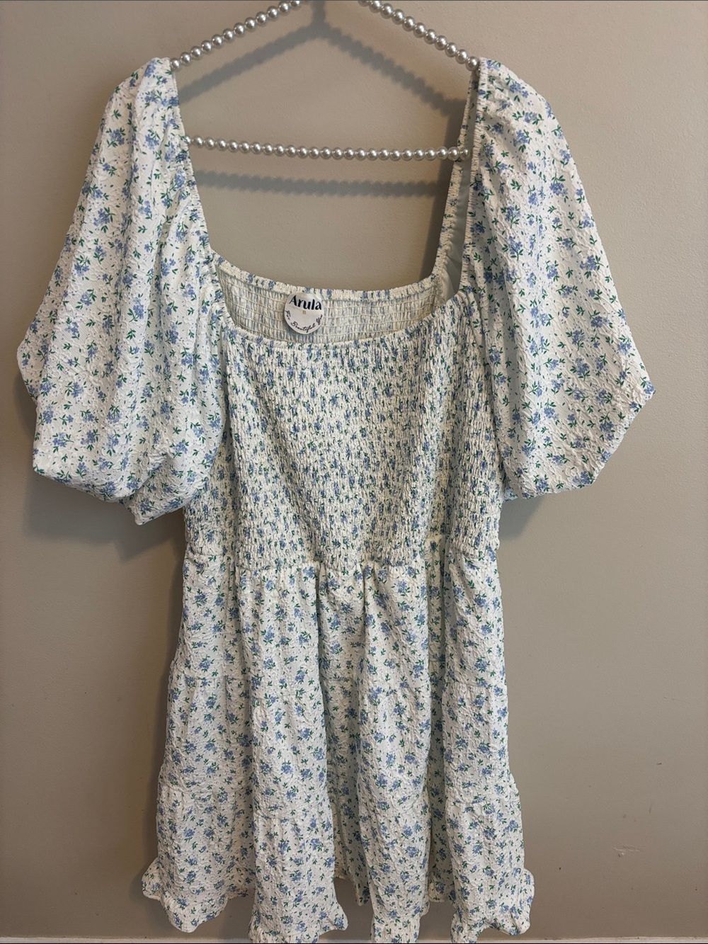 Arula Dress Size B Plus 16 18 White Blue Floral Smocked Cottagecore Puff Sleeve